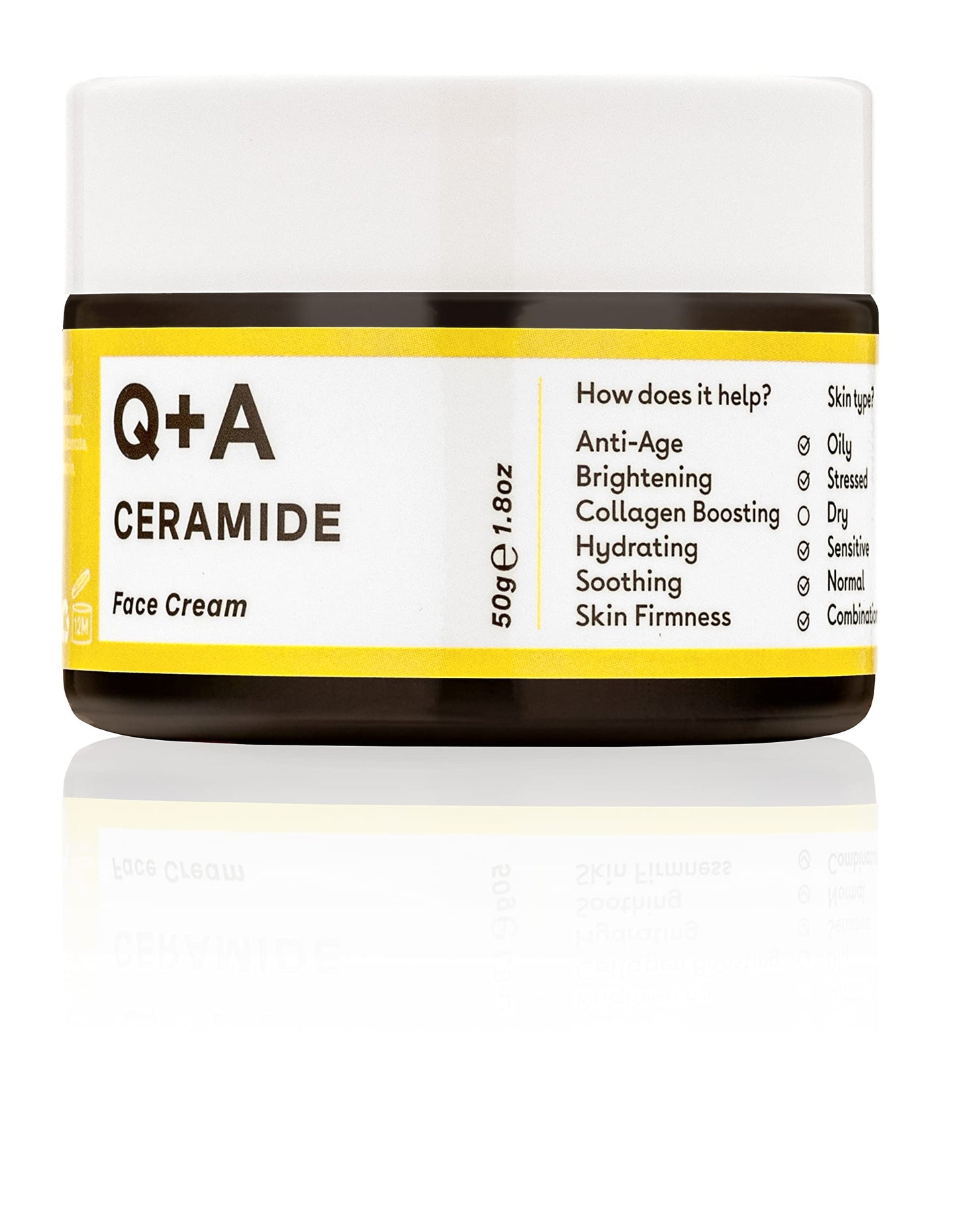 Q+A Ceramide Barrier Defence Face Cream, a face moisturiser containing Cinamides, Pro Vitamin-E, and Squalane, to improve skin moisturisation and elasticity, 50g