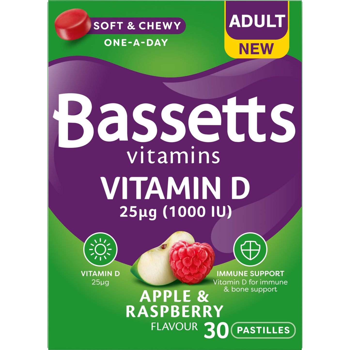 Bassetts Vitamins Adult Apple and Raspberry Flavour Vitamin D 30 Gummy Pastilles