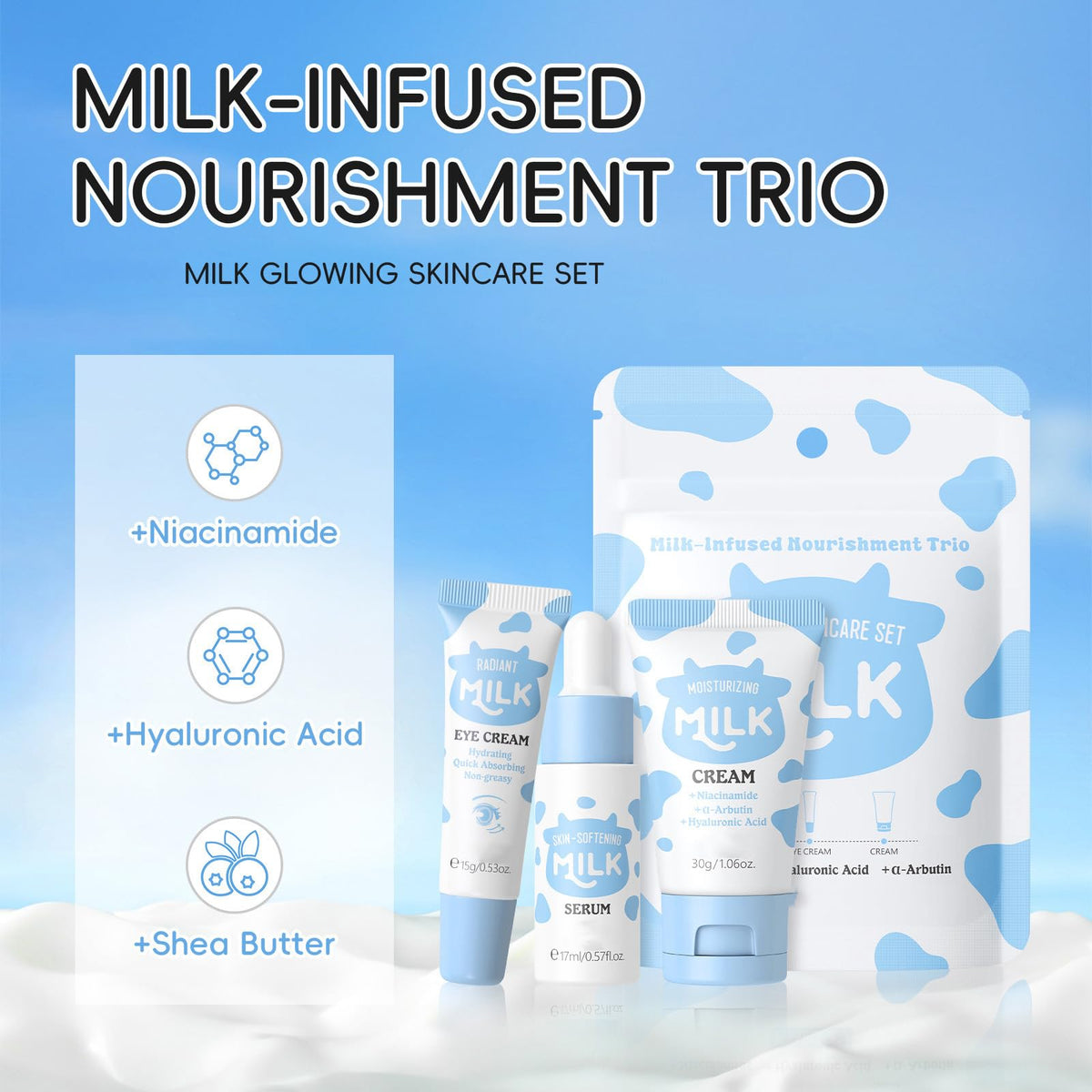 ewku Milk Skin Care Sets & Kits - Teenage Girls Gifts - Milk Skincare Set for Teen Skincare - Gifts For Women - Beauty Gifts Sets For Women - 3PCS Travel Skincare Set with Serum Eye Cream Moisturiser