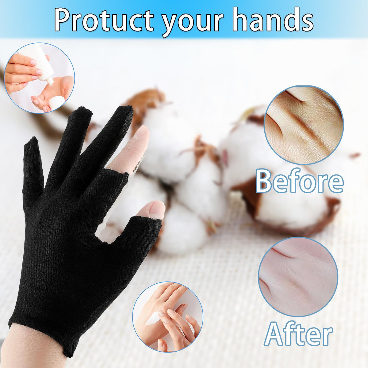XcnPer 24Pcs Moisturizing Cotton Fingerless Gloves, Cotton Gloves for Eczema, Moisturising Gloves Overnight, Eczema Gloves, Set of 12Pairs (6 Black and 6 White), Ideal for Nighttime Hand Care and Spa Therapy