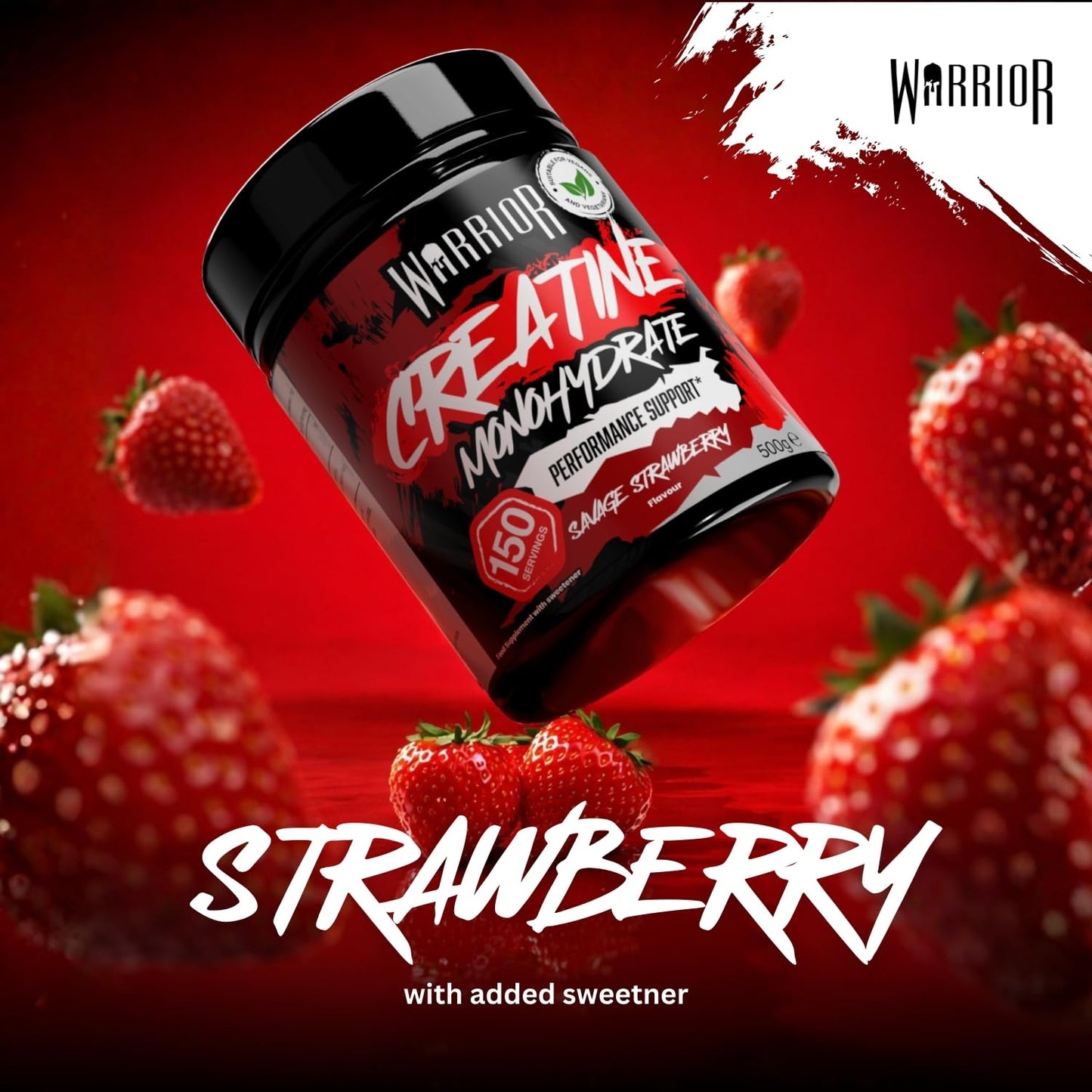 Warrior Flavoured Creatine Monohydrate Powder 500g (150 Servings) – Creatine Powder Drink, Creatine for Performance, Strength & Recovery (Not Creatine Gummies or Tablets) – Savage Strawberry