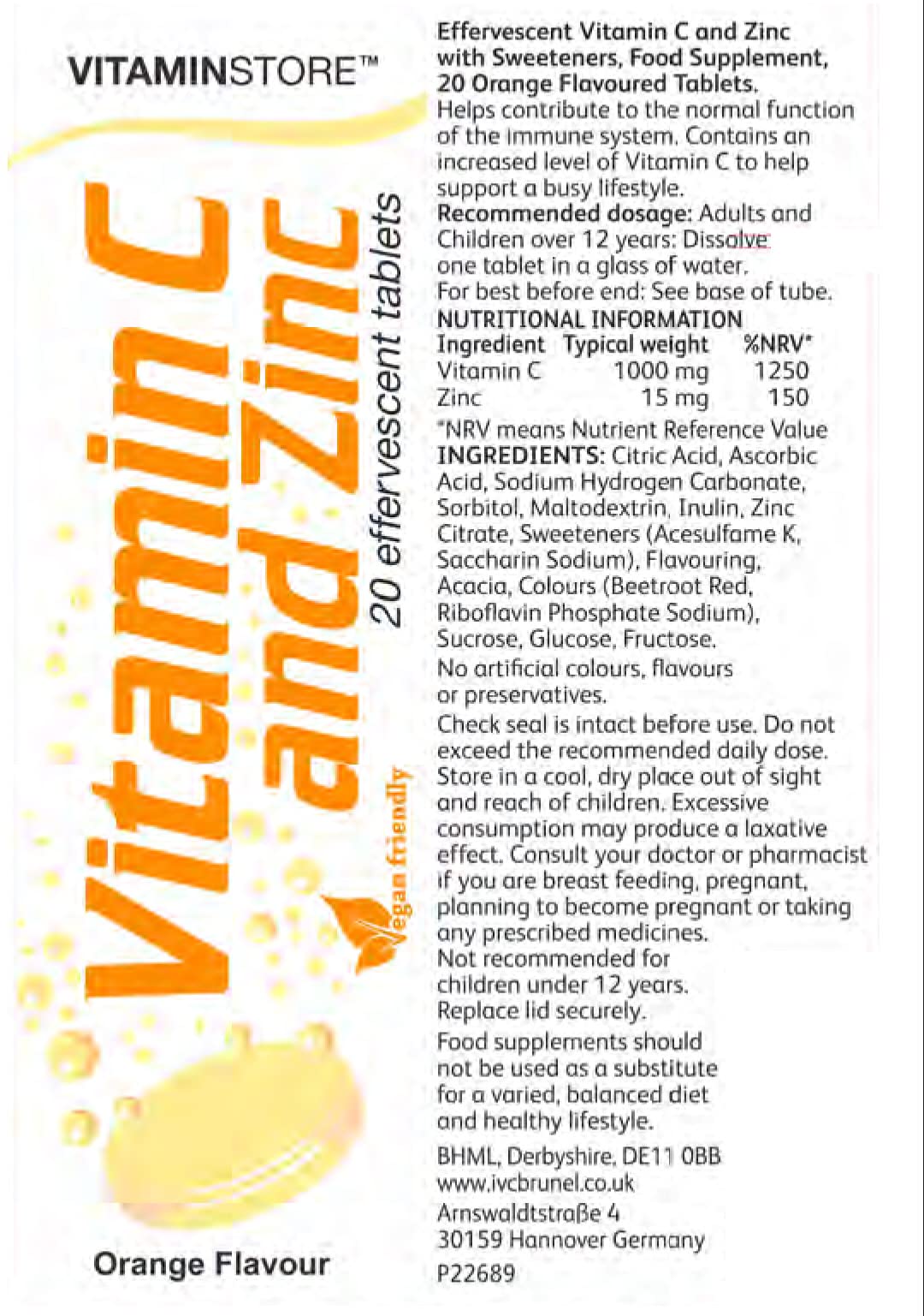 Vitamin Store Vitamin C and Zinc Effervescent Tablets, Orange Flavoured, Suitable for Vegans, 6 Packs of 20
