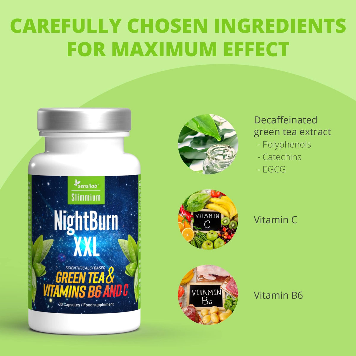 Slimjoy Weight Loss Capsules, Premium Green Tea Extract, with Added Vitamins B6 and Vitamin C - 90 Day Supply Sensilab Slimmium, NightBurn XXL