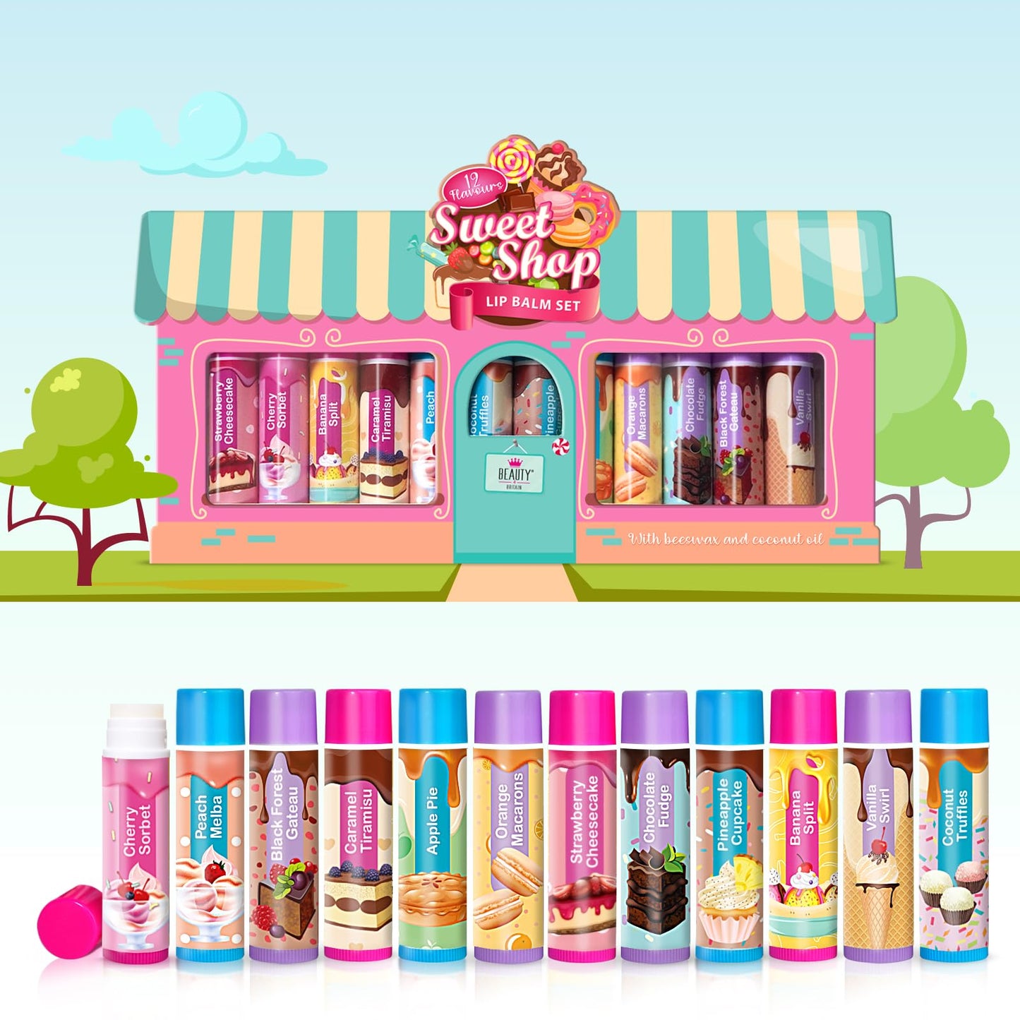 Beauty4Britain Kids Lip Balm Set Sweet Shop - 12 Different Dessert Flavours, Beeswax & Coconut Oil, Colourless, for Girls and Boys