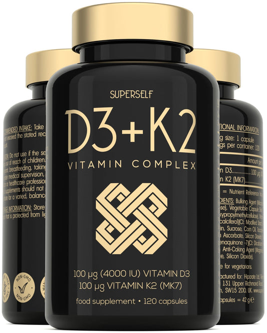 Vitamin D3 K2 Capsules - High Strength Vitamin D Tablets - 4000 IU Vitamin D & 100mcg Vitamin K MK7-120 Capsules - UK Made & Vegetarian - VIT D3 K2 Supplement for Strong Bones, Teeth, Immune System