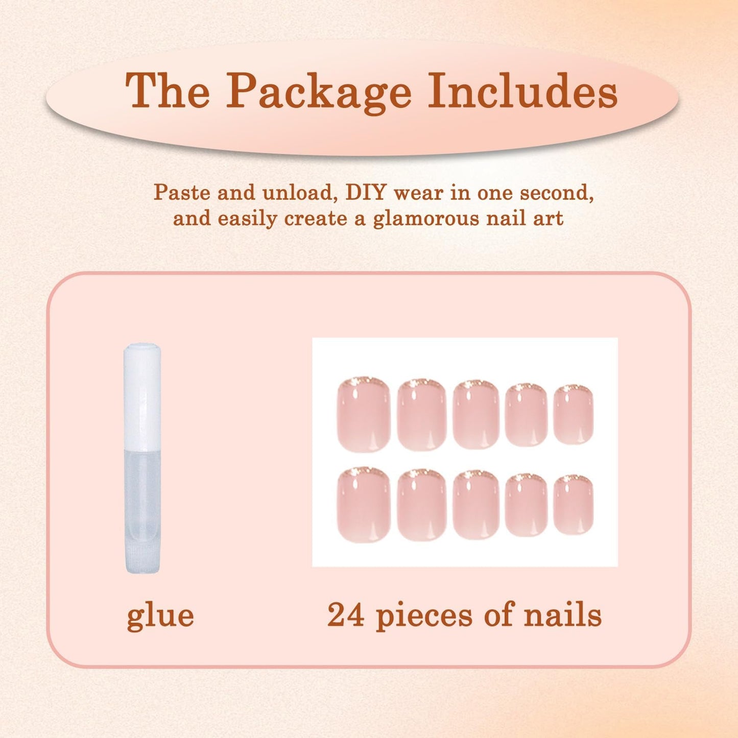 Generic Short Oval False Nails with Glitter Gold Edge - French Style Press On Nails Set in Nude for Women, Includes Art Accessories and Applicator Tool for Short Square and Round Shapes