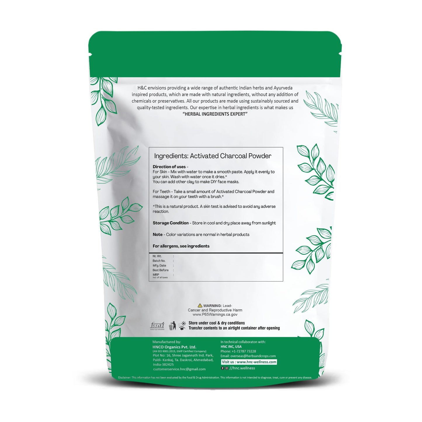 H&C HERBAL INGREDIENTS EXPERT H&C Activated Charcoal Powder - 227 Grams Pack