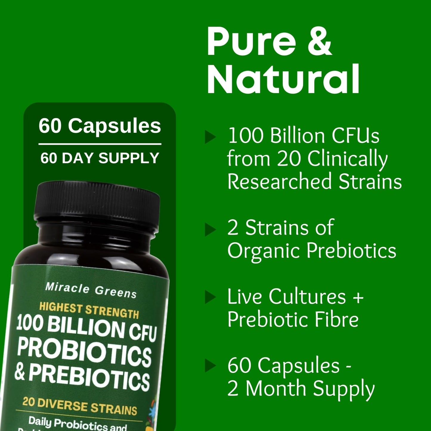 Macro Greens 100 Billion CFU Probiotics - 20 Unique Strains + Organic Prebiotics | Gut Health, PH Balance, and Digestion | Scientifically Proven Probiotics for Women and Men – 60 Day Supply – Made in The UK