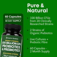 Macro Greens 100 Billion CFU Probiotics - 20 Unique Strains + Organic Prebiotics | Gut Health, PH Balance, and Digestion | Scientifically Proven Probiotics for Women and Men – 60 Day Supply – Made in The UK