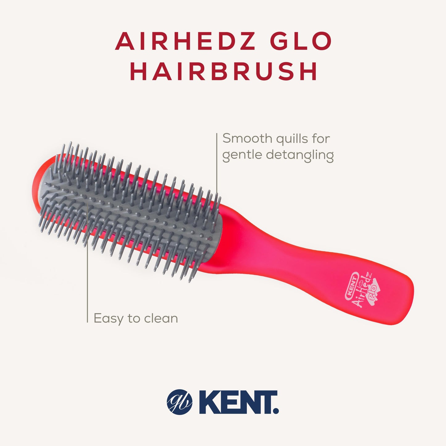 KENT Kent AirHedz Glo Half Round Hair Brush Raspberry - Detangling Hairbrush for Medium to Long Thick Hair, Cushioned Non-Scratch Quill Brush