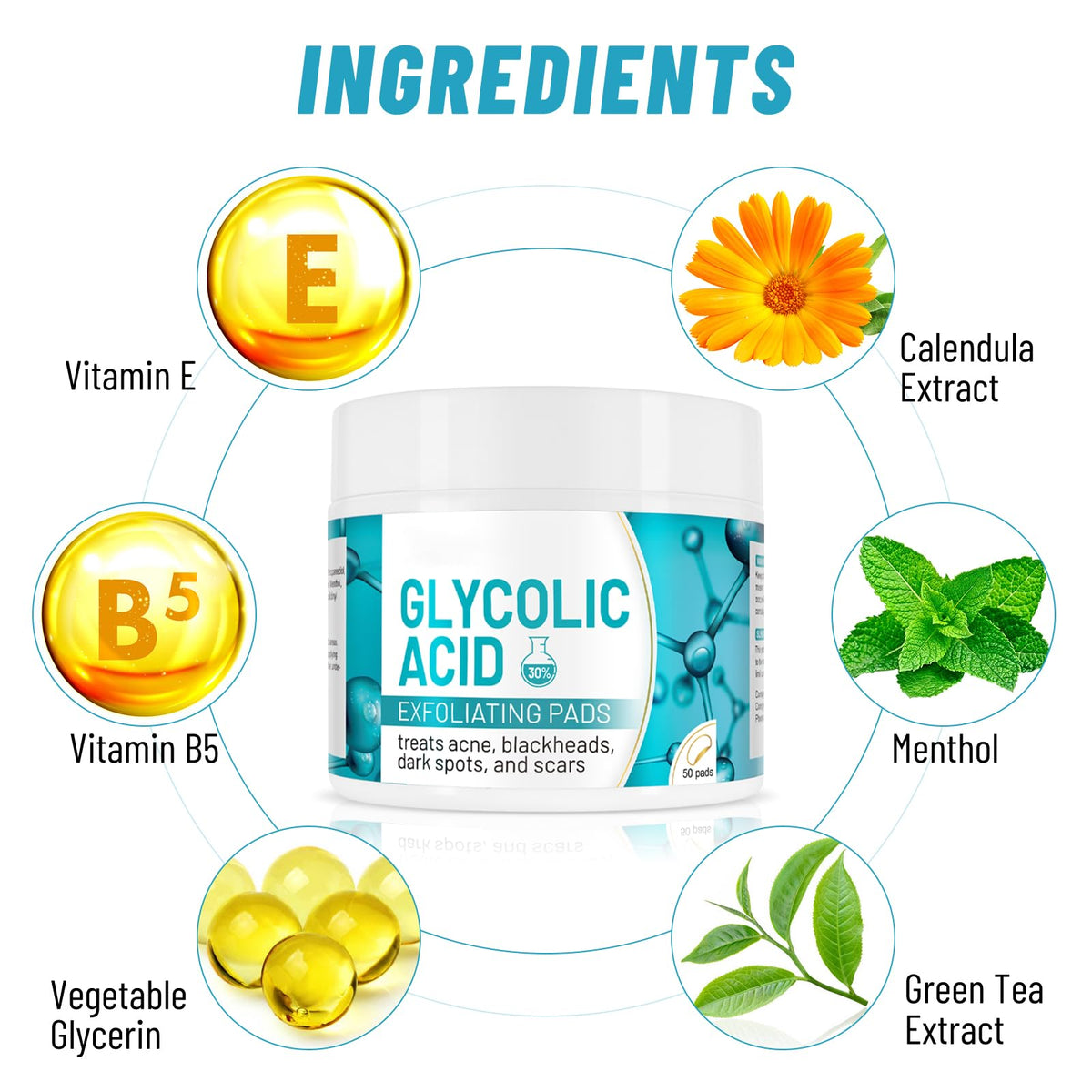 HINATTLPTAG Glycolic Acid Pads 30%, Exfoliates Surface Skin and Reduces Fine Lines and Wrinkles, 50Pads