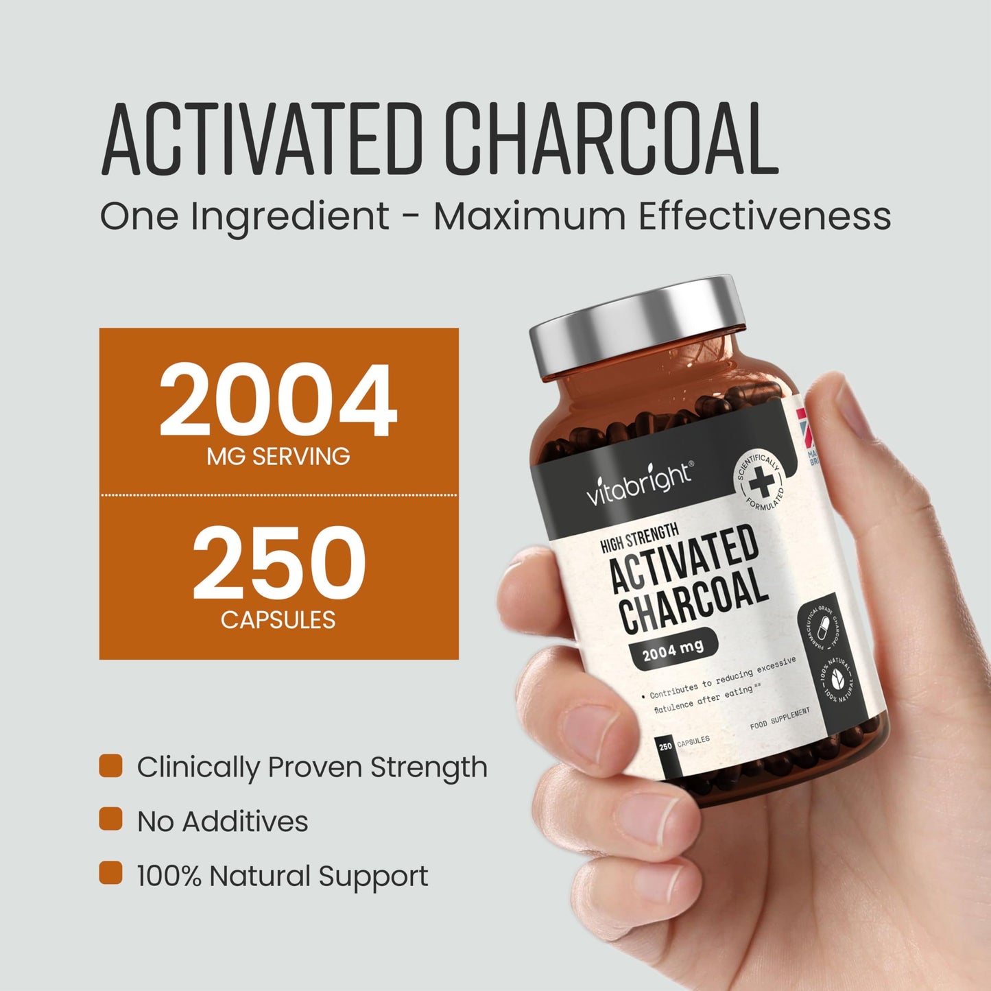 VitaBright Activated Charcoal Tablets for Stomach Wind | 2004mg | 250 Capsules | Activated Charcoal Powder in Easy-Open Veggie Capsules | Debloating Tablets - Reduce Flatulence