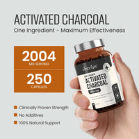 VitaBright Activated Charcoal Tablets for Stomach Wind | 2004mg | 250 Capsules | Activated Charcoal Powder in Easy-Open Veggie Capsules | Debloating Tablets - Reduce Flatulence