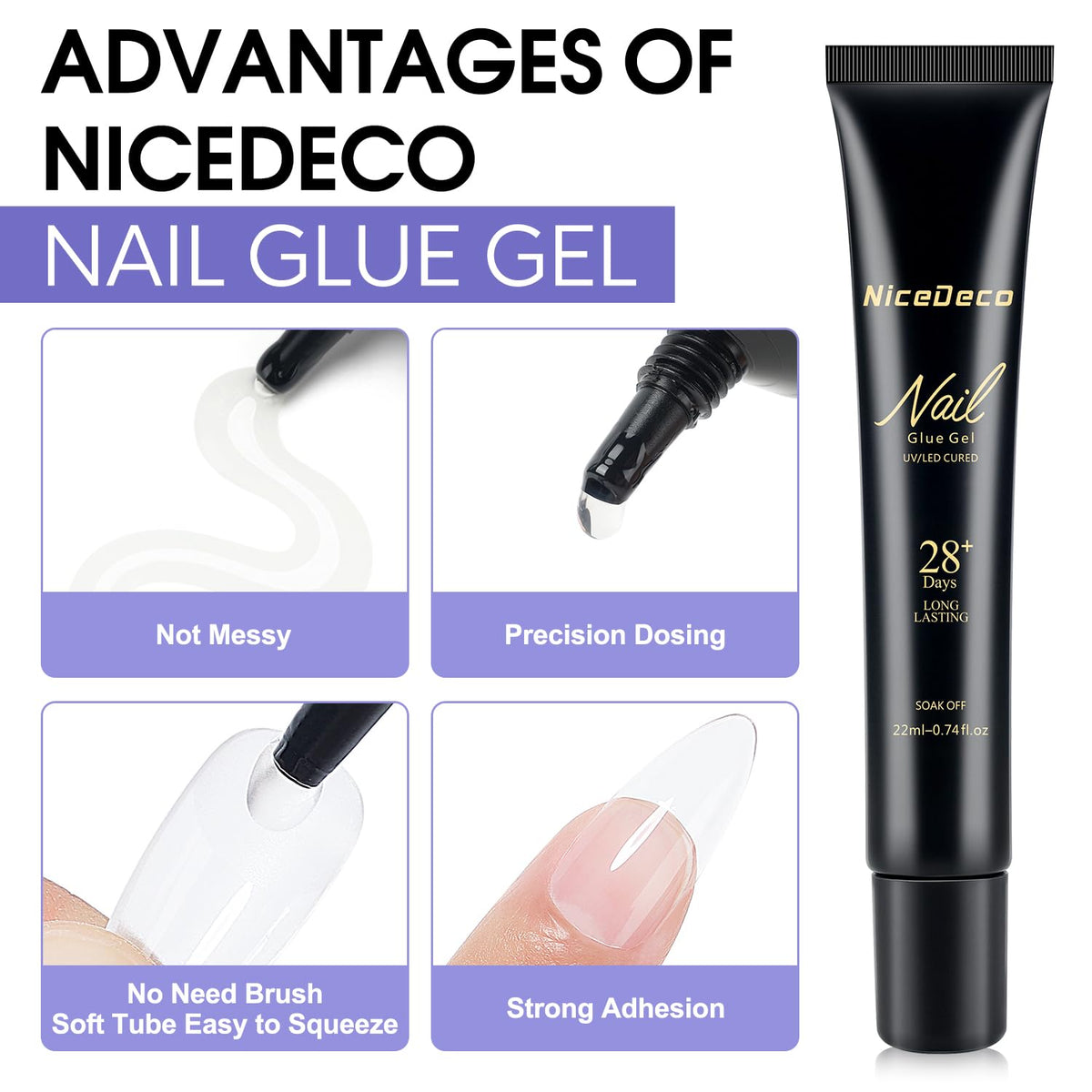 Nicedeco Nail Glue Gel 22ml, Gel Nail Tips Glue, Clear, High Viscosity, Multi-functional, Strong Adhesion, Easy to Use, Long-lasting, Upgraded Formula