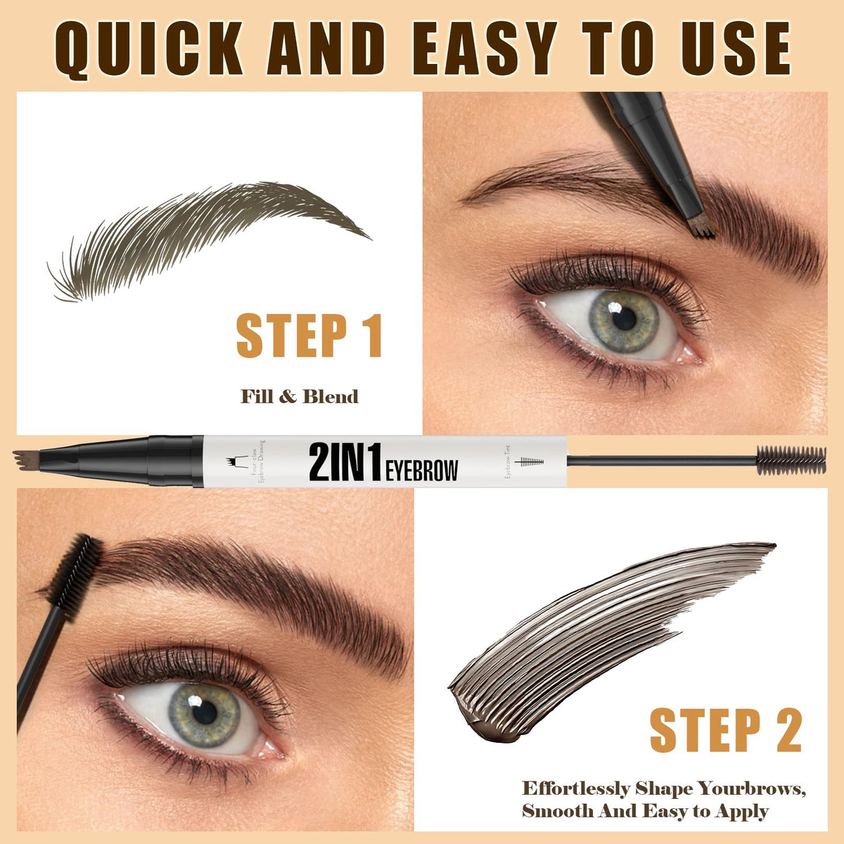 ELALRAU Eyebrow Pencil with Eyebrow Gel, 2-in-1 Microblading Eyebrow Pen and Brow Gel with 4 Fork Tip & Precise Brush-Tip for Fuller-Looking Defined Brows, 24H Wear, Waterproof & Smudge-proof, Brown