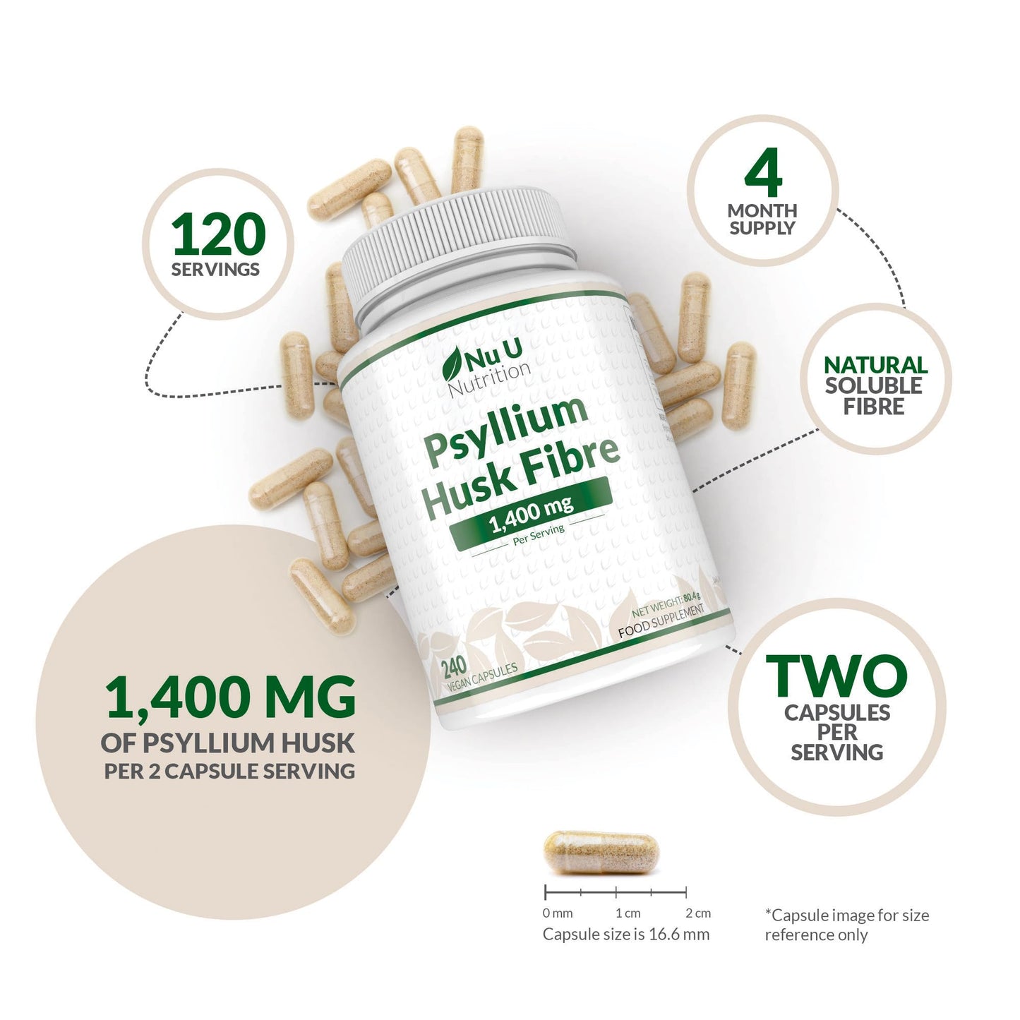 Psyllium Husk Fibre Supplement - 1400mg per Serving - 240 Vegan Capsules - Natural Soluble Prebiotic Fiber from Plantago Ovata Seeds - Made in the UK - Nu U Nutrition