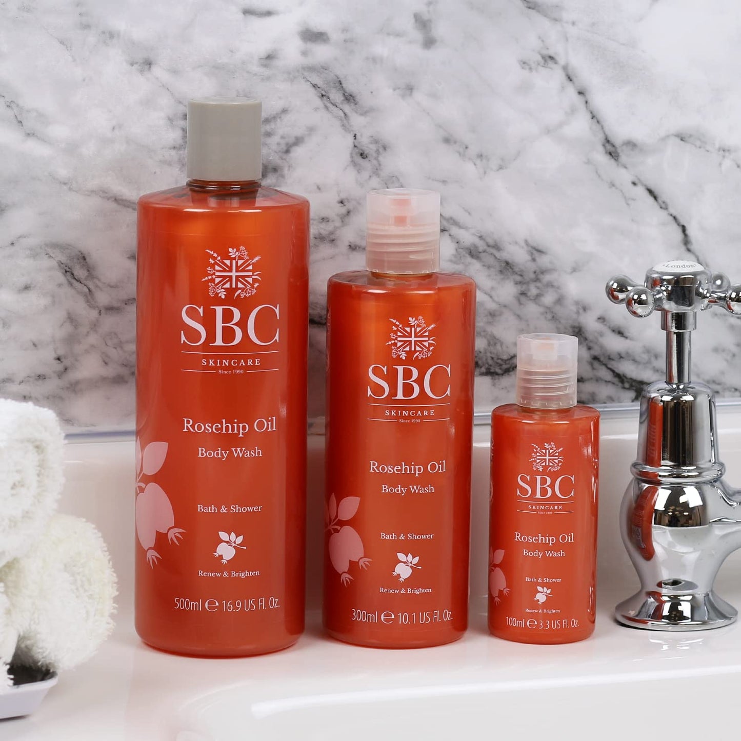 SBC Skincare Rosehip Oil Body Wash 300ml, Anti-Ageing Bath and Shower Body Wash with Rosehip Oil and Vitamins A, C and E, Delicate Scent