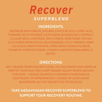 MEDAHUMAN Recover Mushroom & Adaptogen Superblend Powder, with Lions Mane 1000mg, B Vitamins, Zinc, Turmeric & Ginger, Orange Flavour, Aids Recovery & Immunity, Orange Flavour, 1 x 150g