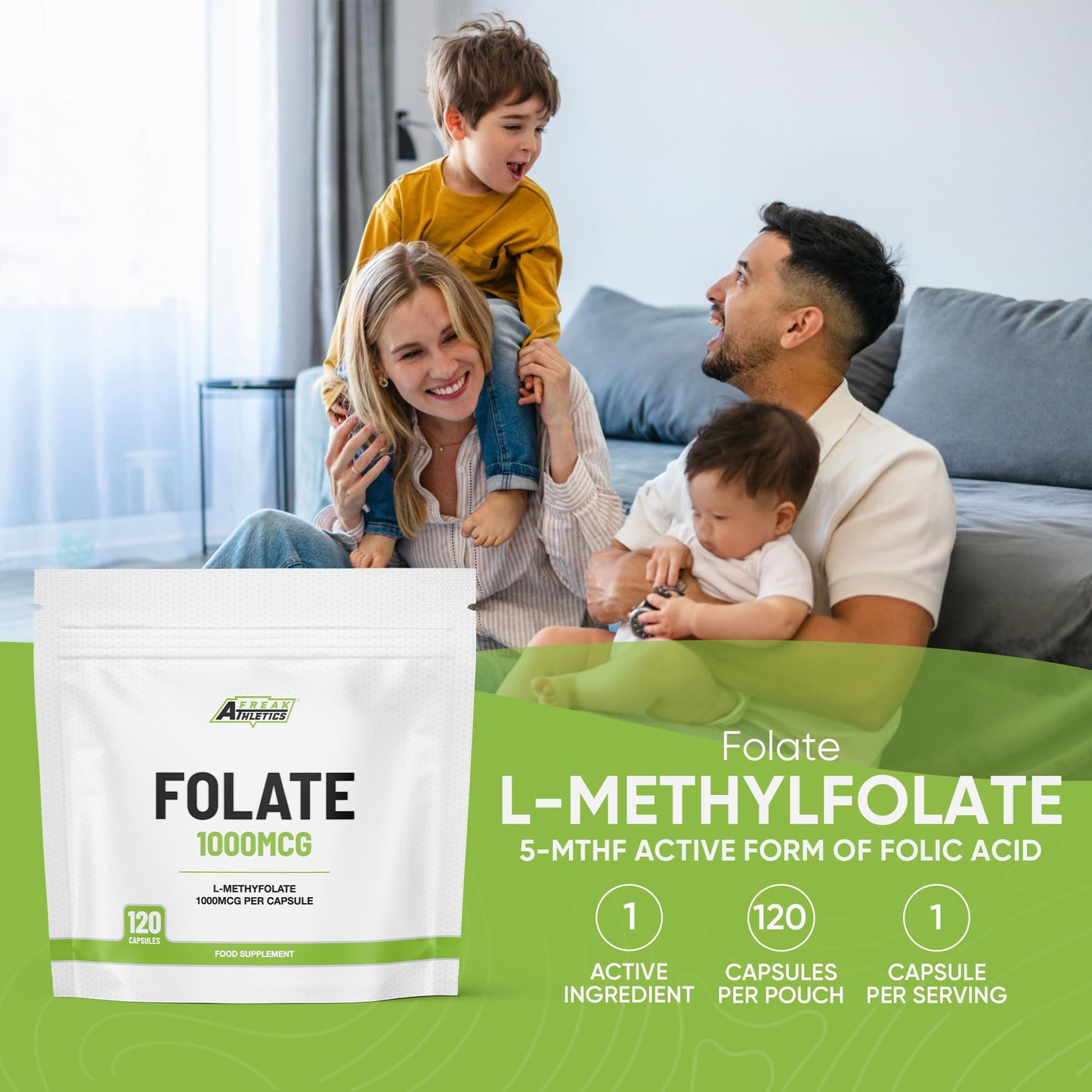 Freak Athletics Folate 1000mcg (L-Methylfolate) 120 Capsules, 5-MTHF Active Form of Folic Acid/Vitamin B9, UK Made
