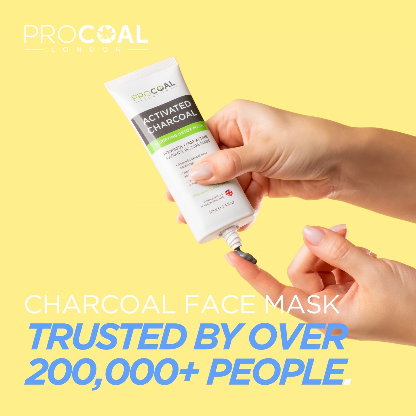 Charcoal Face Masks Skincare for Men and Women 70ml by Procoal - Clay Mask Targets Clogged Pores, Impurities, Toxins & Excess Oil, 100% Recyclable Packaging, Cruelty-Free - Made in UK