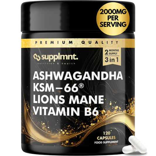 supplmnt. Ashwagandha KSM-66, Lions Mane & Vitamin B6 Capsules - High Strength 2000mg KSM-66 Ashwaghandha Root Extract & Lions Mane Mushroom with Vitamin B6 2-120 Vegan Capsules with Black Pepper - 2 Months
