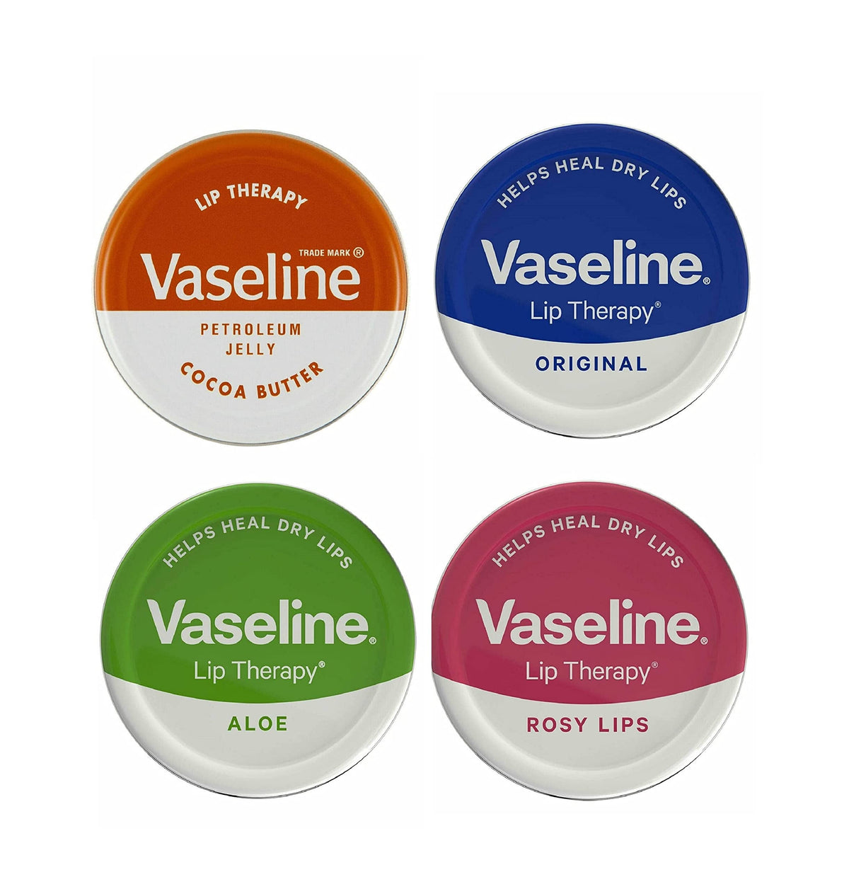 Kingdom Supplies Vaseline Lip Balm Petroleum Jelly 20g Lip Therapy. Cocoa Butter, Aloe, Rosy Lips and Original Flavour. Soothes Dry Lips (Pack of 4)