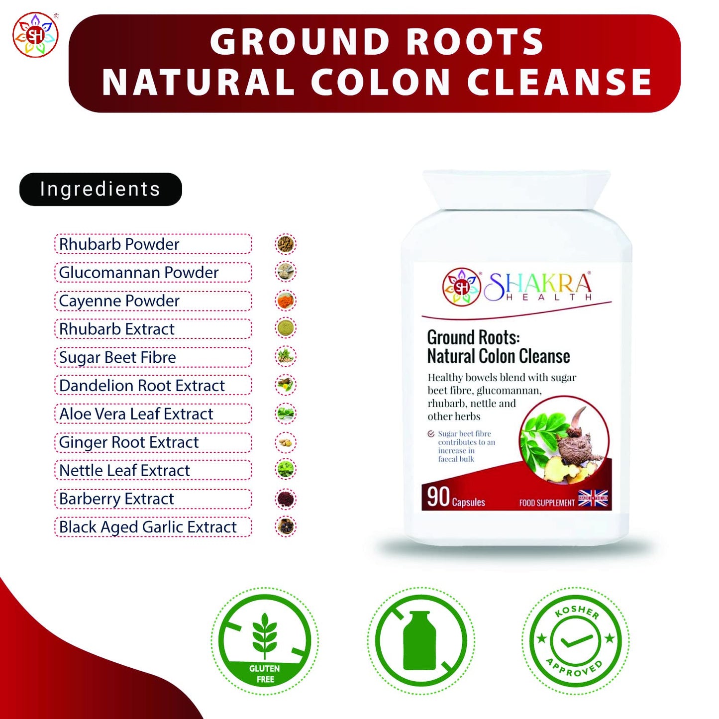 SH SHAKRA HEALTH Ground Roots: Natural Colon Cleanse. Strong Colonic Flush Herbal Blend for Deep Bowel, Gut Health, Intestinal Congestion, Constipation & Support | Shakra Health