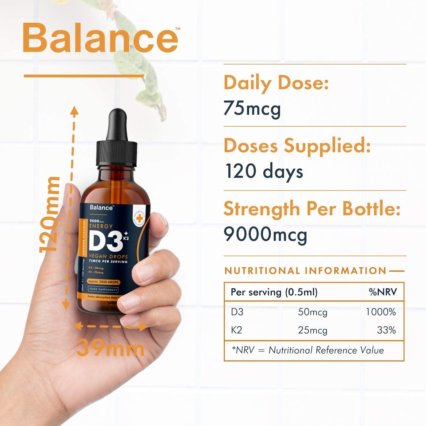 Vitamin D3 + K2 Liquid Drops - Vegan - High Strength 2000iu D3 + 25mcg K2-2 Month Supply - 120 Servings - 9,000mcg 60ml Dropper Bottle - Sublingual for Fast Absorption - Made in UK by Balance