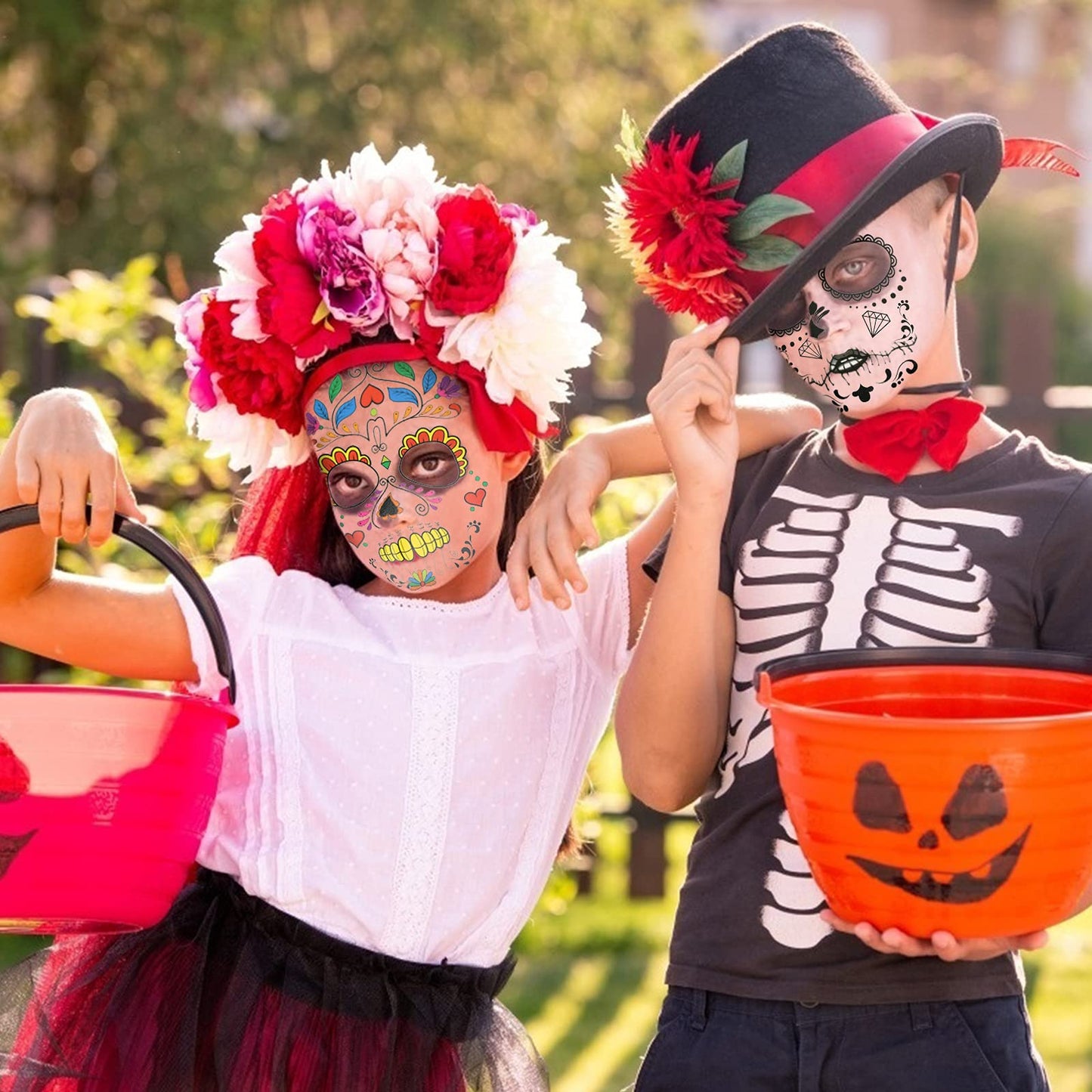 HAMOOM 8 Pack Halloween Face Temporary Tattoos Sugar Skull Floral Skeleton Web Red Roses Face Stickers Day of the Dead Make Up Stickers for Masquerade Carnival Cosplay Party