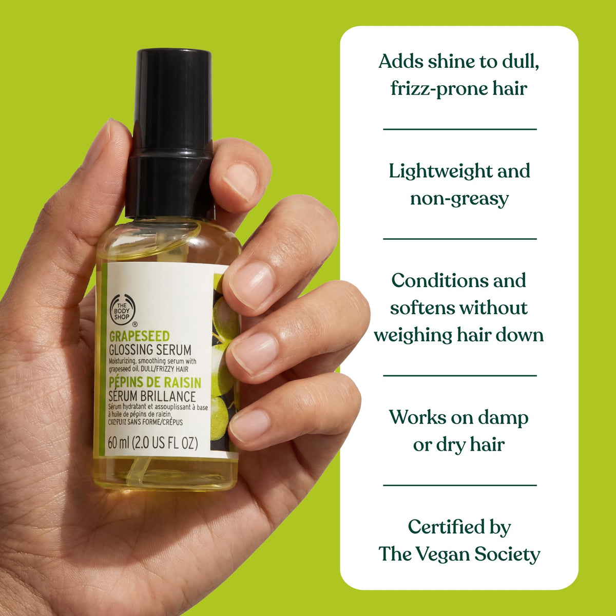 The Body Shop Grapeseed Glossing Serum (1x 60ml), Hair Serum for Shine, Smoothing Serum for Frizz Control, Made with Grapeseed Extract & Sesame Seed Oil