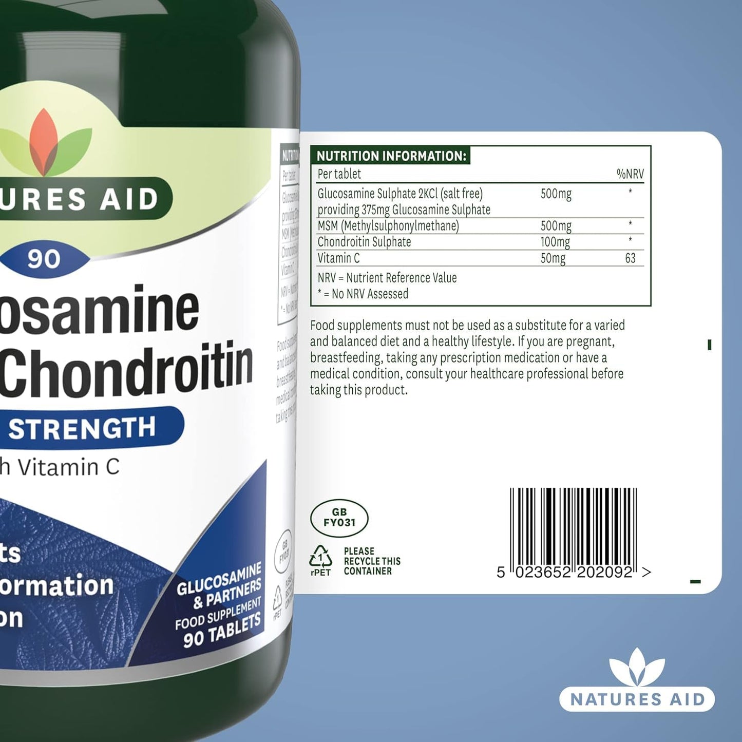 Natures Aid Glucosamine MSM & Chondroitin with Vitamin C - High Strength Joint Support - Mobility & Cartilage Health, Collagen Formation - Non-GMO, Gluten-Free Supplement - 90 Tablets