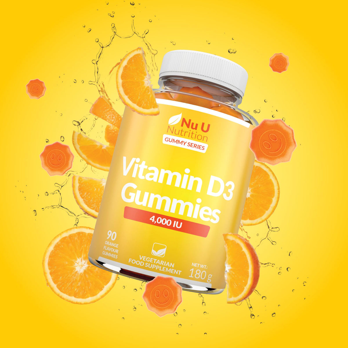 Vitamin D3 Gummies 4000IU Adults - 90 Vegetarian Gummies - Natural Orange Flavour - Chewable VIT D Gummy Supplement - Made in the UK - Nu U Nutrition
