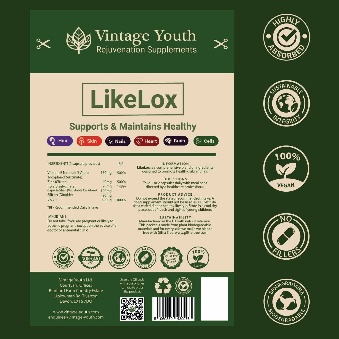 Vintage Youth LikeLox Premium Hair Care Supplement - Revitalises Hair, Strengthens Locks, Vitamins for Strong, Vibrant Hair