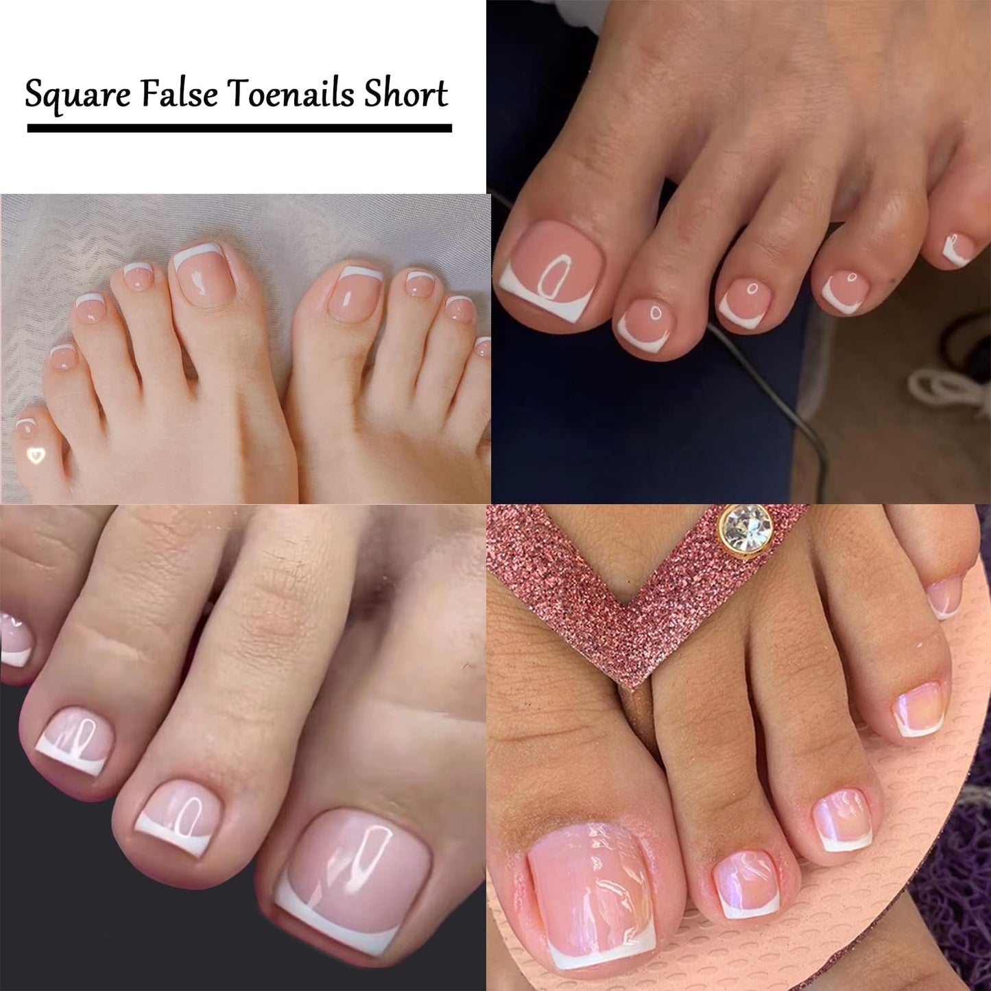 EONFAVE French Tip False Toenails - 24pcs Short Square Nude Pink White Toe Nails False - Natural Full Cover Acrylic Nails - Spring Summer Seaside Toe Nail Extensions for Women Girls