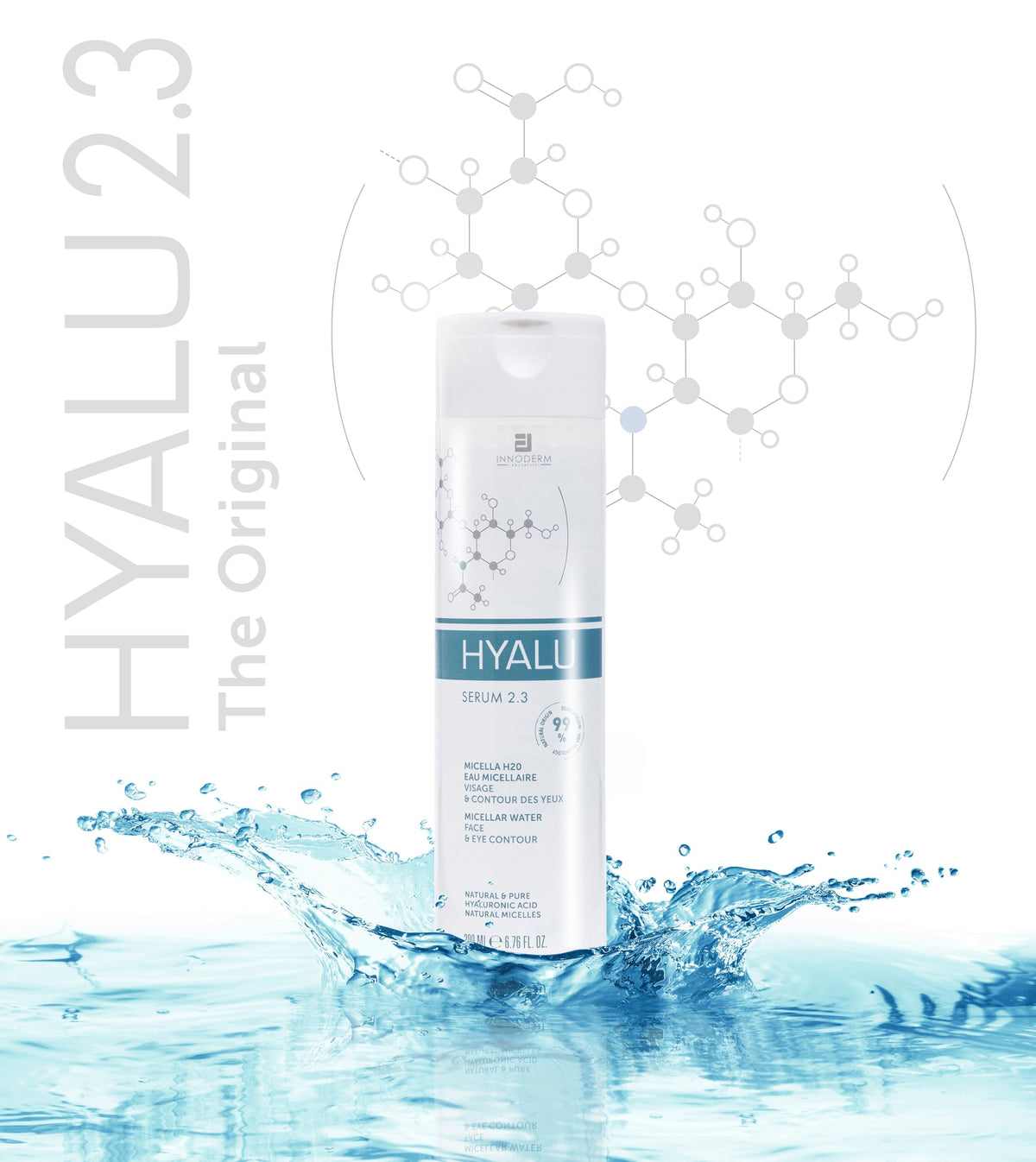innoderm Innoderm | HYALU2.3 Micella H2O 200 ml | Cleansing & Make-up Cleansing Micellar Water | Hydration & Radiance | Face & Eye Contour | Pure Hyaluronic Acid & Melatonin | 99.9% Natural