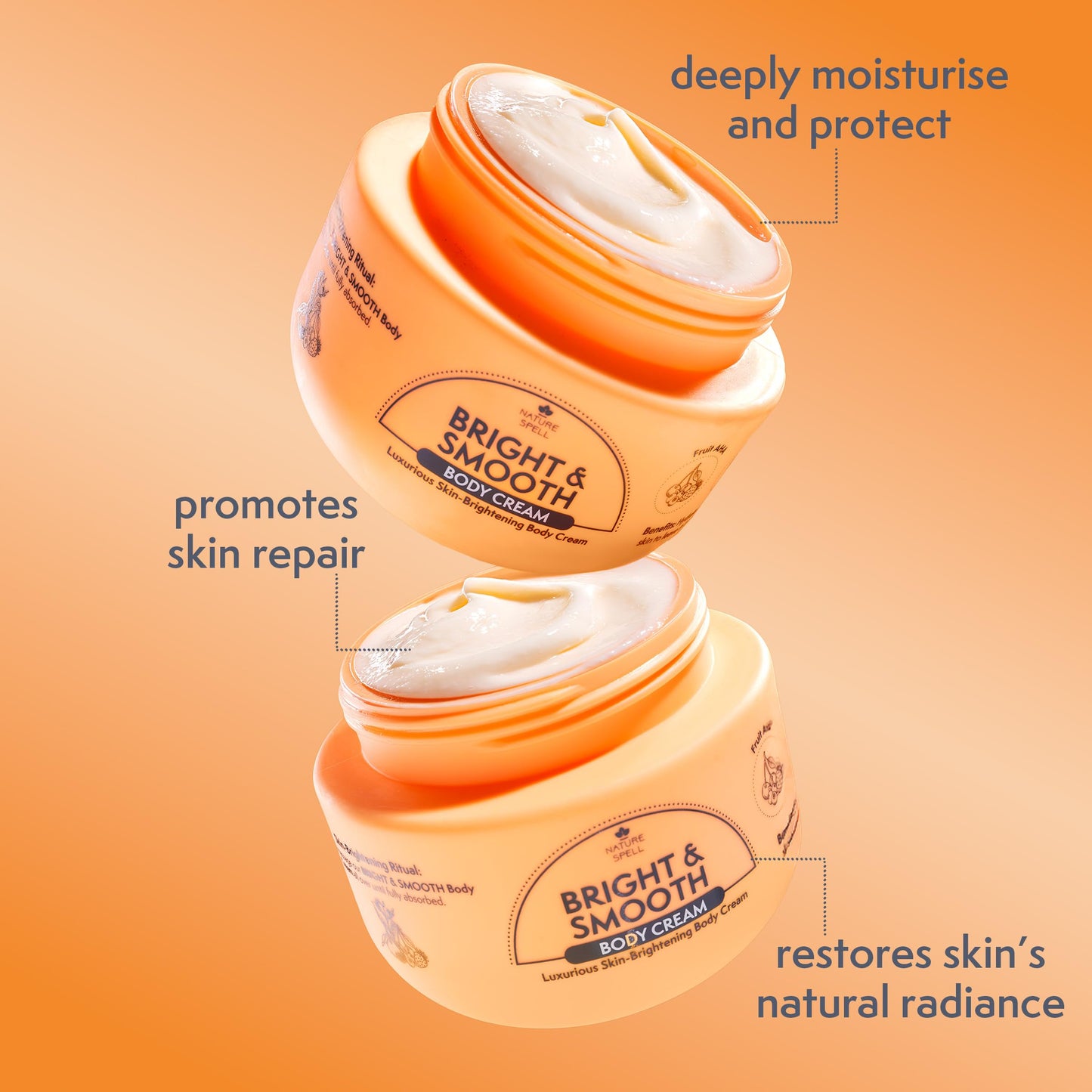 Nature Spell Bright & Smooth Body Cream, Brightening and Hydrating for All Skin Types, with Vitamin C, Fruit AHA, Allantoin, Vegan, 250ml