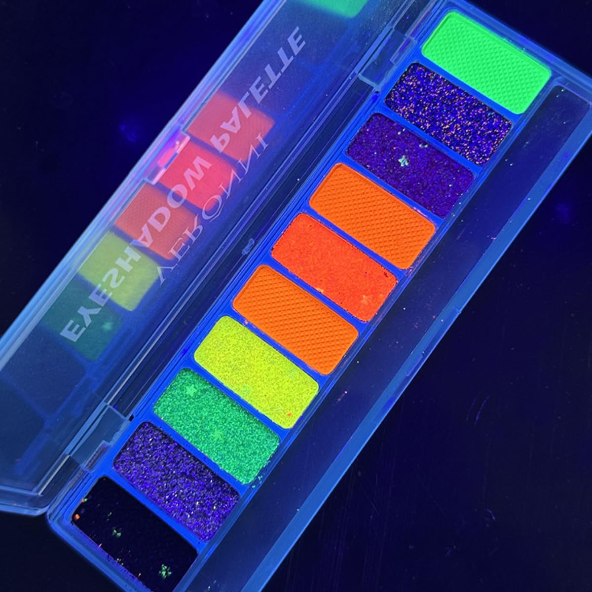KARLOR 10 Color Fluorescent Eyeshadow, Glitter Luminous Neon UV Eyeshadow Matte Shimmer Sequins Colorful Glow Makeup Eyeshadows Palette with Brush, Neon Eye shadow Glow under UV Light