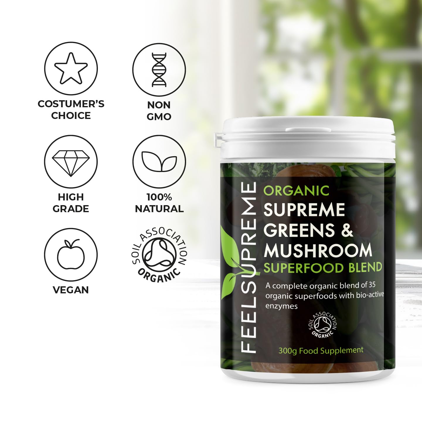 Feel Supreme - Super Greens Powder with Mushroom - 35 Nutrient Dense Organic Superfoods, no Added Sugar - High in Fibre, Protein, Vitamin C, Spirulina - Greens Supplement, Mushroom Powder - 300g