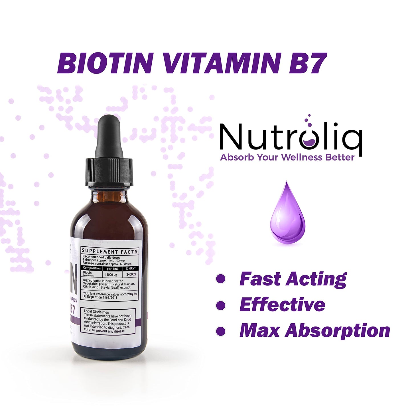 Nutroliq Absorb Your Wellness Better Nutroliq Biotin Liquid Drops - Vegan Vitamin B7 Dietary Supplement for Hair, Nail & Skin Health - Pure 12000mcg Biotin Drops for Hair Growth - Extra Strength Berry-Flavoured Vitamin H Serum - 60 ml