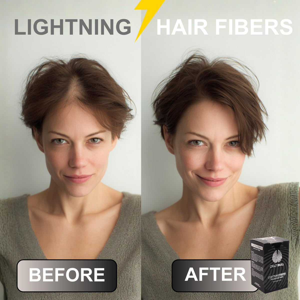 CrazyBull Hair Building Fibre - Long-Lasting, Easy Apply Hair Fibre Concealer for Thinning Hair & Bald Spots - Vegan & Cruelty-Free Hair Thickening Fibre for Men & Women - Crazy Bull, 22g, Grey
