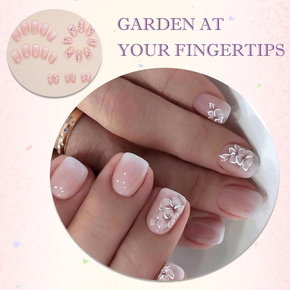 Generic 24PCS Medium Almond Stick On Nails with Floral Design - Elegant False Nails for Spring and Summer Style, Reusable Press On Set for Women, Glossy Pink Ombre Manicure with White Squoval Tips