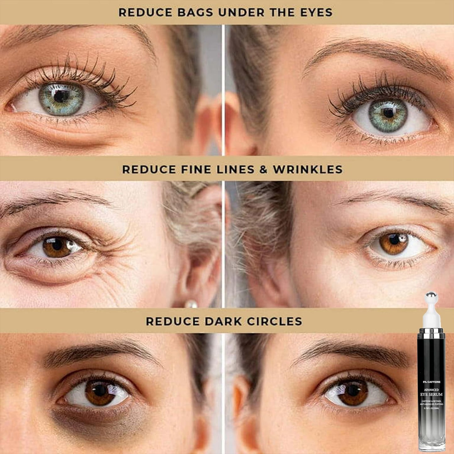 Caffeine Eye Serum - Caffeine Solution 5% Eye Cream, Under Eye Brightener, Eye Cream for Dark Circles and Puffiness with 360° Massage Ball, Fade Fine Lines Wrinkles, Retinol Anti-Ageing De-Puffing
