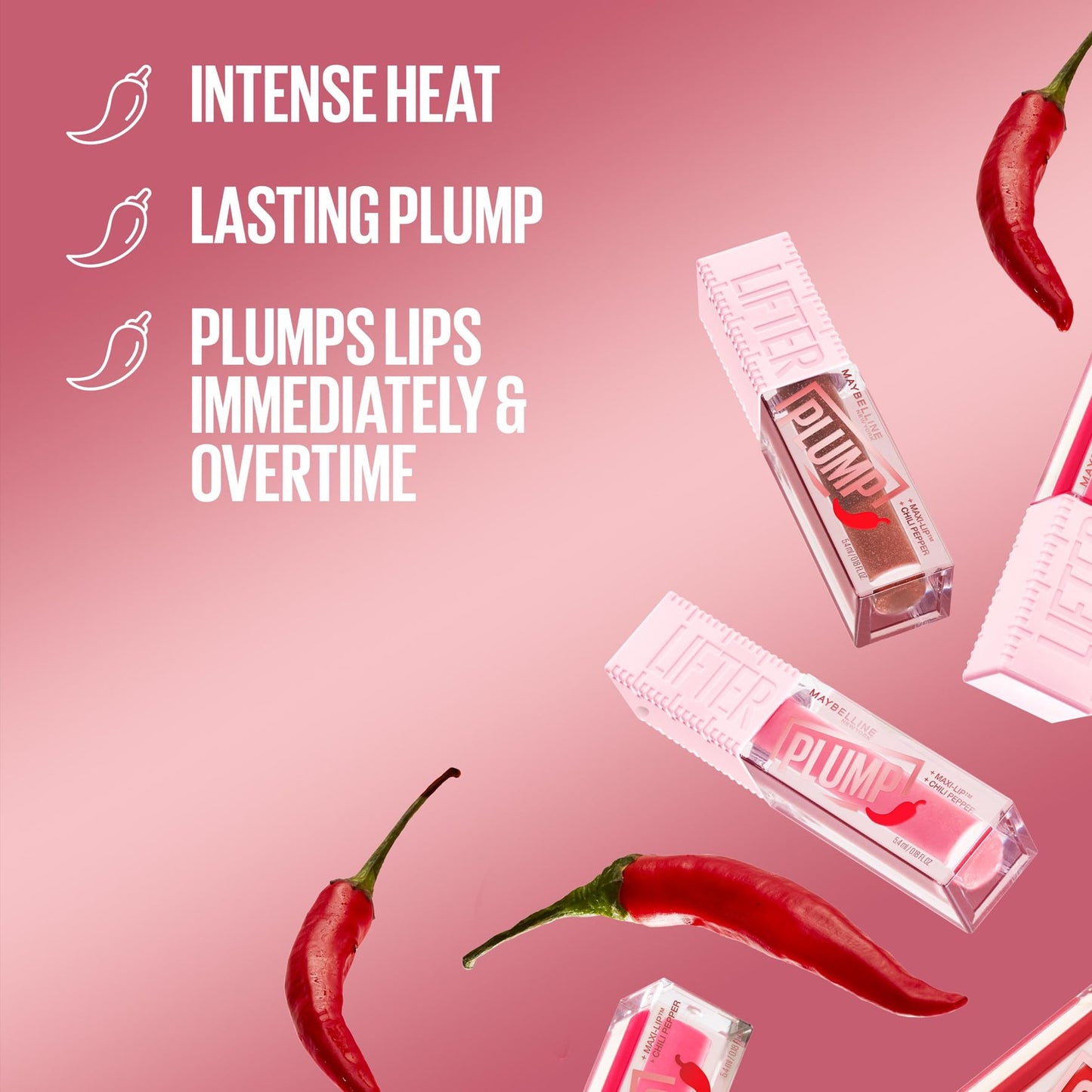 Maybelline New York, Lifter Plump Lip Gloss, Lasting Plump, Heated Formula with Hyaluronic Acid and Chilli Pepper, XL Wand, Vegan Formula, Shade: 006 Hot Chili