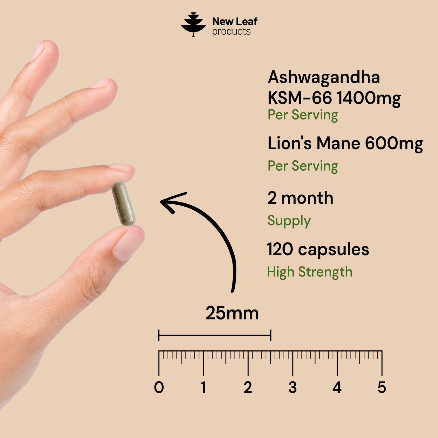 NEW LEAF PRODUCTS Ashwagandha KSM-66 and Lions Mane Capsules - High Strength 2000mg KSM-66 Ashwaghandha Root Extract and Lions Mane Mushroom Extract - 120 Vegan Capsules with Black Pepper - UK Made by New Leaf