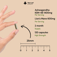 NEW LEAF PRODUCTS Ashwagandha KSM-66 and Lions Mane Capsules - High Strength 2000mg KSM-66 Ashwaghandha Root Extract and Lions Mane Mushroom Extract - 120 Vegan Capsules with Black Pepper - UK Made by New Leaf