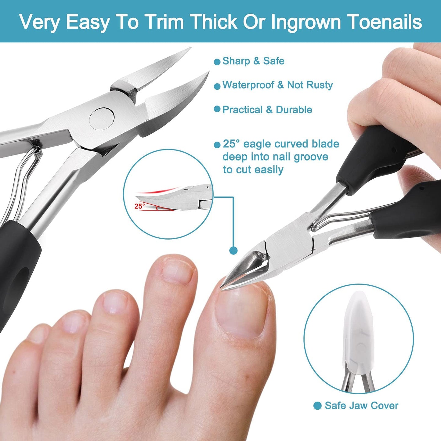 Toenail Clippers for Thick Nails & Ingrown Nails for Women Men, Azymi Heavy Duty Nail Clippers Cutters 6 In 1 Set, Sharp Curved Blades/Wide Jaw Opening/Soft ABS Handle