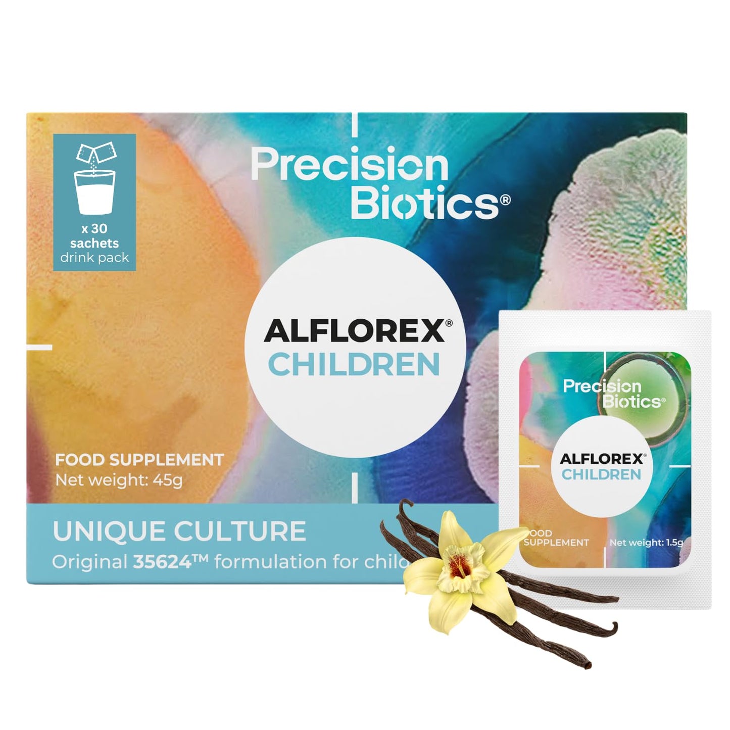 PrecisionBiotics Alflorex Children - Gut Health Probiotic Supplements with Unique Bifidobacterium Longum Bacteria Strain 35624 - Probiotics for Children Ages 3+ - Vanilla Flavour - 30 Powder Sachets