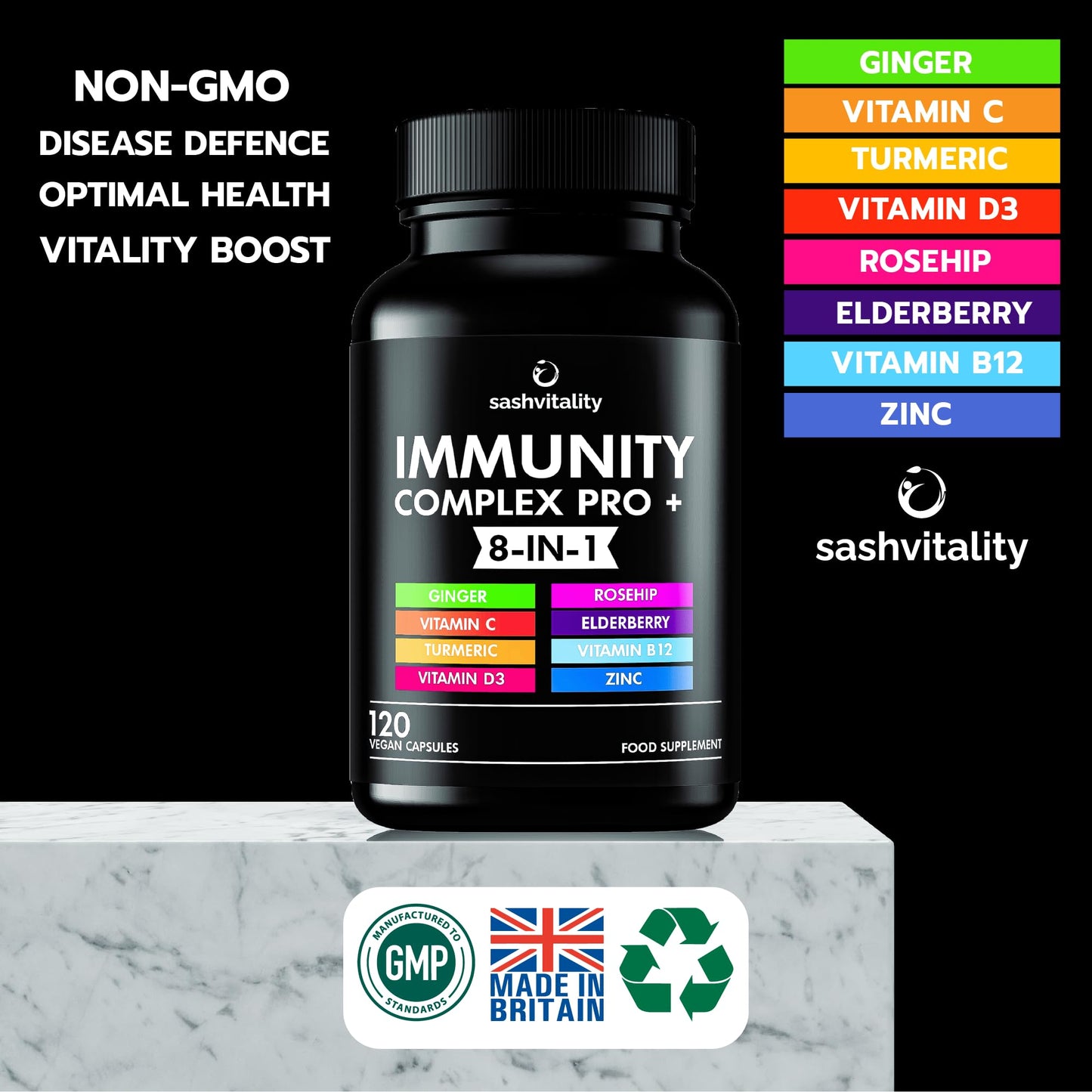 SASH Vitality Sash Vitality Immunity Complex Pro+ Immune System Booster with Vitamin D3 - High Strength Immune Support Supplements Immune System Vitamins Zinc, Elderberry, B12, C, Turmeric & More-120 Vegan Capsules