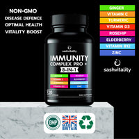 SASH Vitality Sash Vitality Immunity Complex Pro+ Immune System Booster with Vitamin D3 - High Strength Immune Support Supplements Immune System Vitamins Zinc, Elderberry, B12, C, Turmeric & More-120 Vegan Capsules