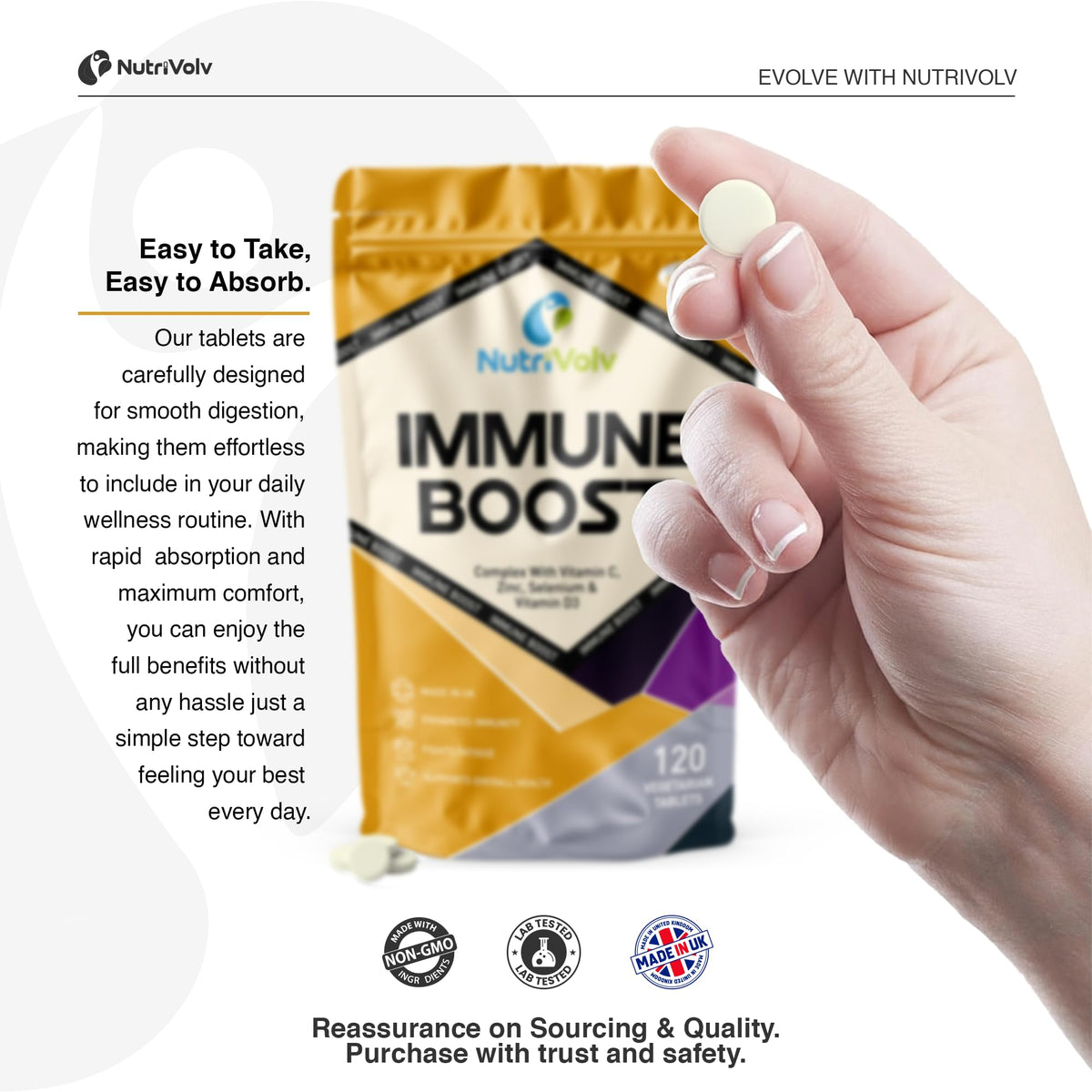 NutriVolv Immune Boost - Full of Vitamin C, D3, Zinc, and Selenium High Strength Healthcare Pills for Men and Women -120 Tablets